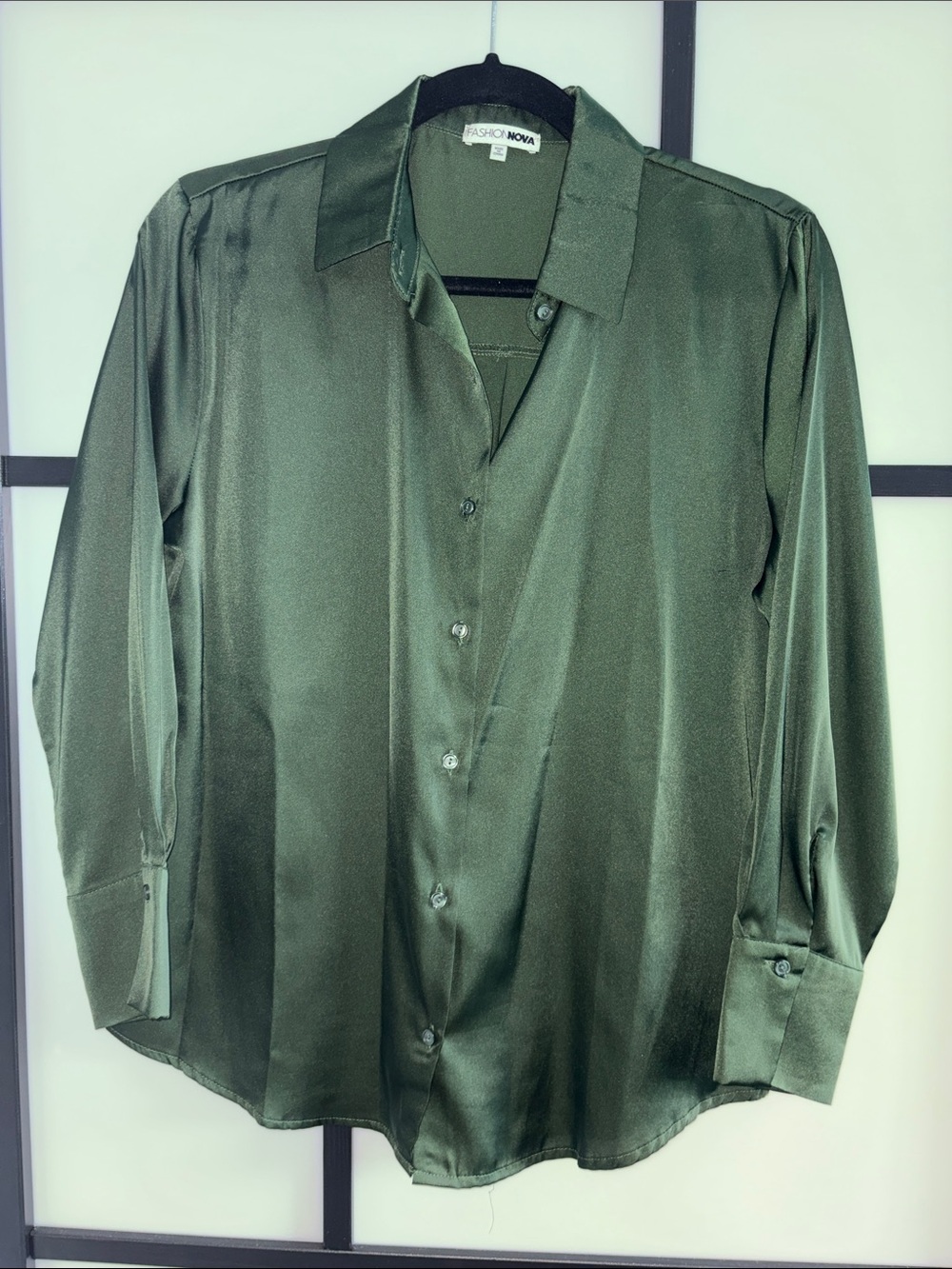 Fashion Nova Feelin Popular Button Down Satin Shirt in Green